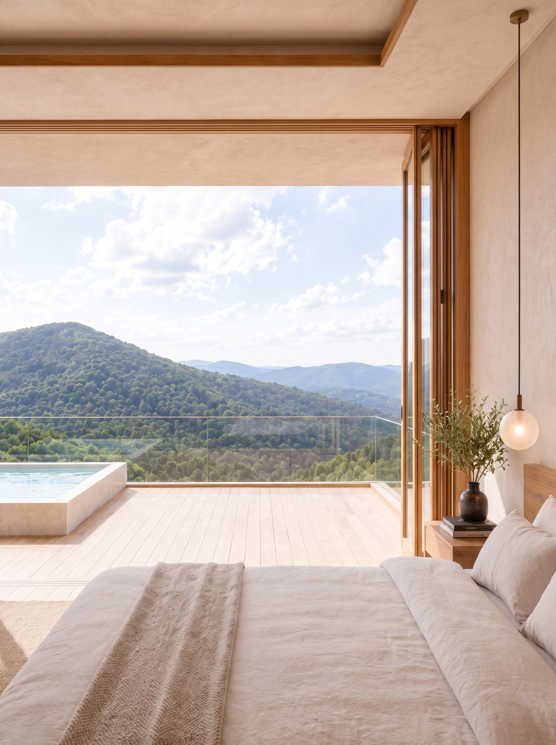 Suite interior with oak-framed glass walls and mountain views