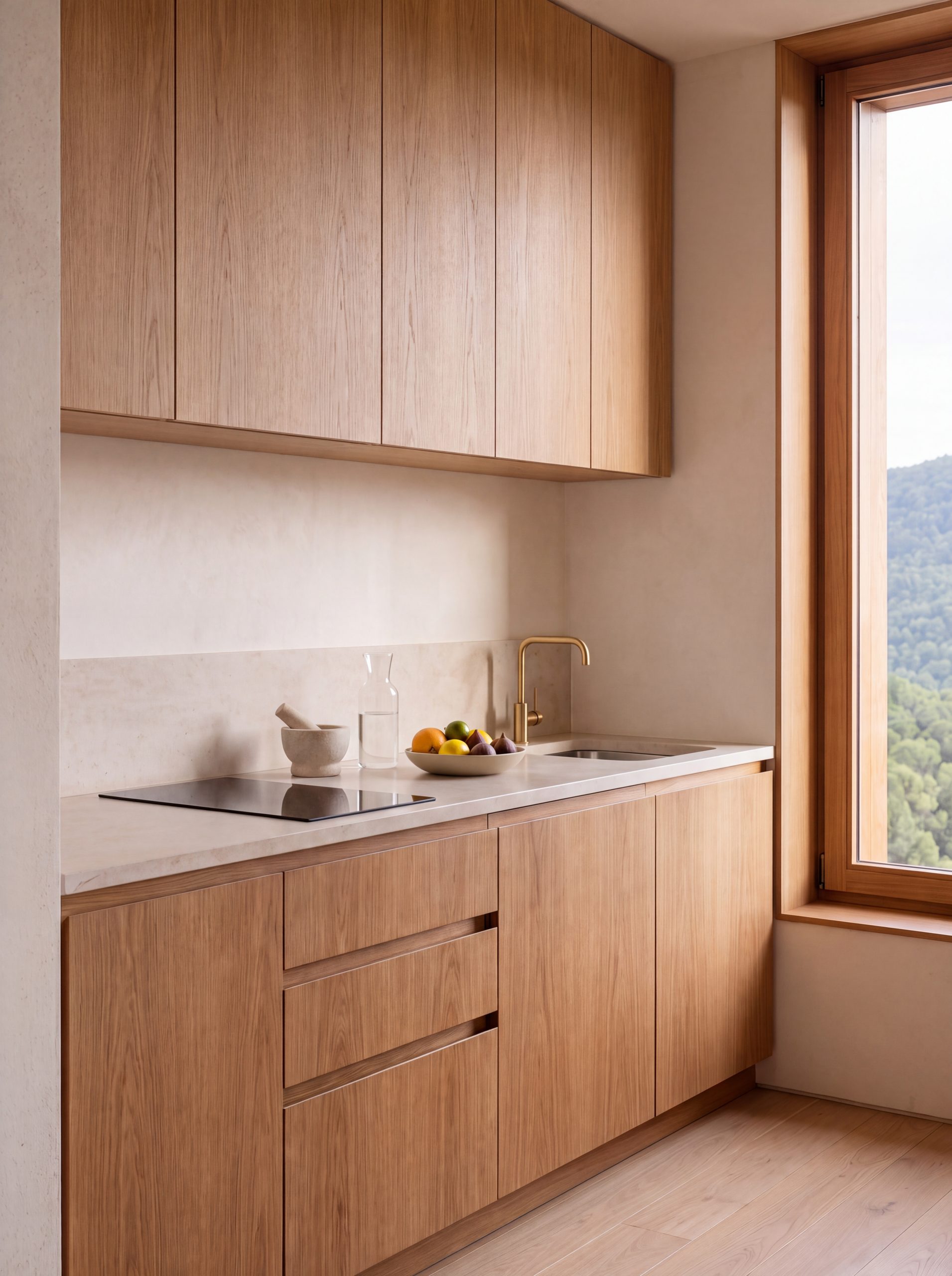 In-room kitchenette in pale stone and oak