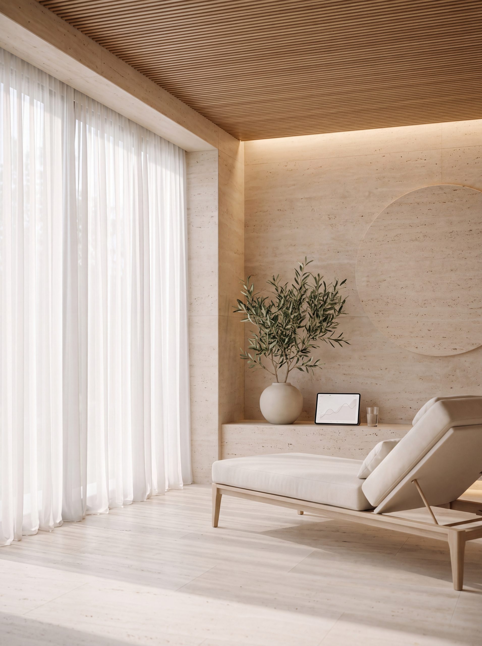 Quiet review room with loungers under warm light