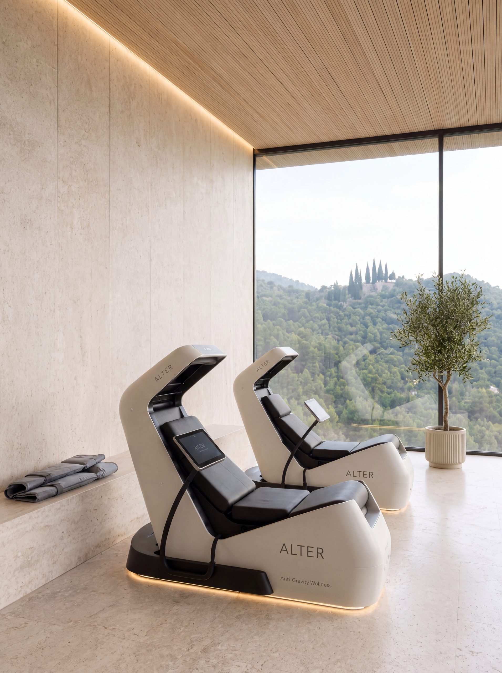 Recovery loungers facing a full-height window