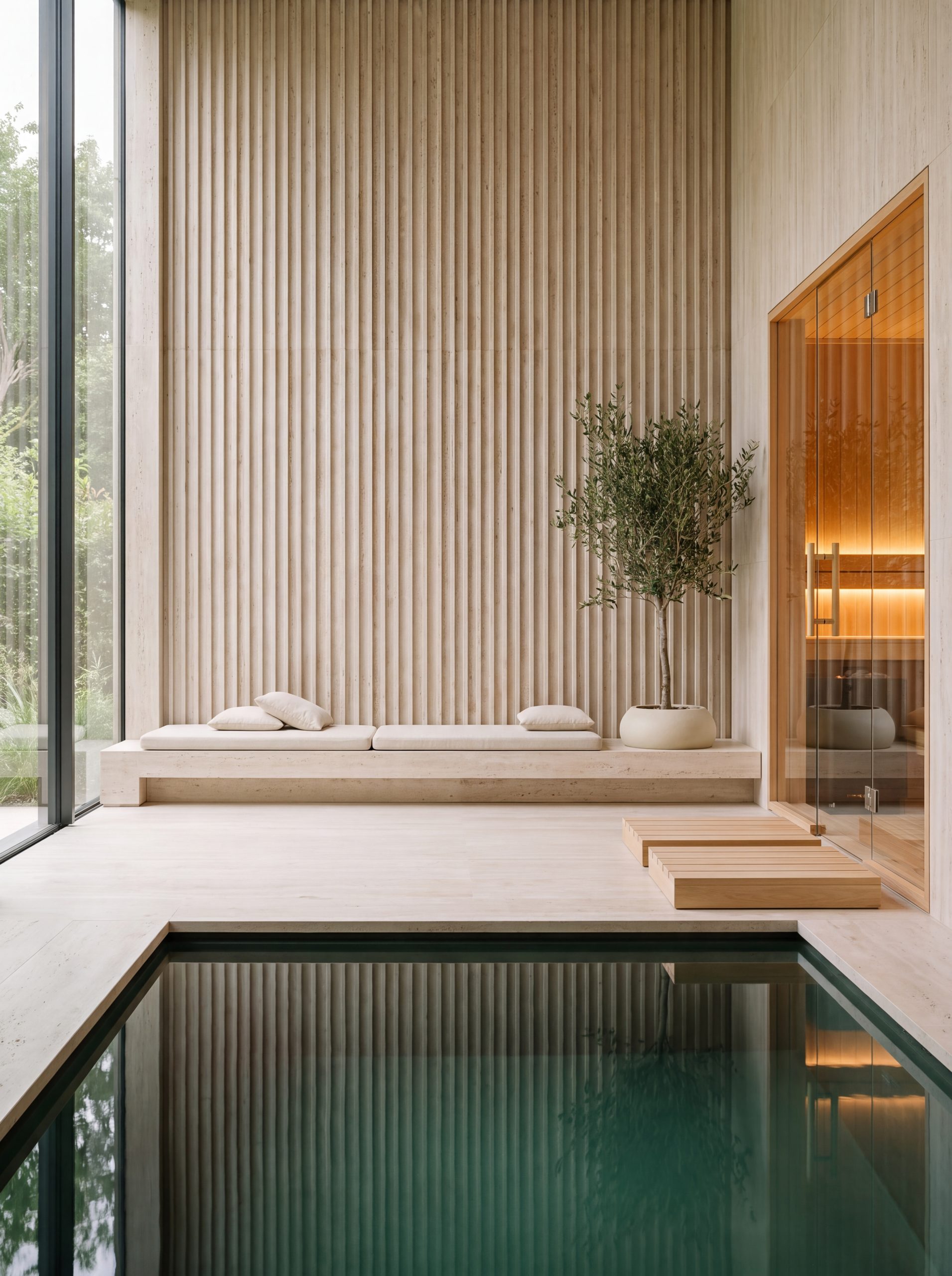 The spa: indoor hydrotherapy pool in warm travertine